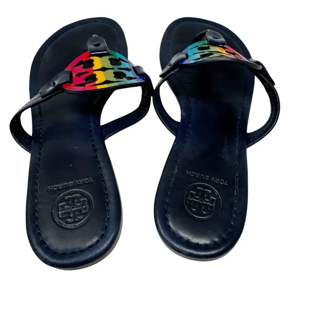 TORY BURCH Navy Blue Rainbow Stripe Miller Logo Patent Leather Sandals Size 7